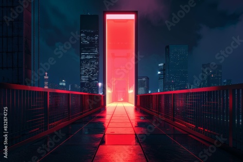 Pathway on a bridge with illuminated red portal at night offers a futuristic and sci-fi look