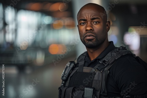 Close-up of a serious-looking African American man in tactical gear with blurred background