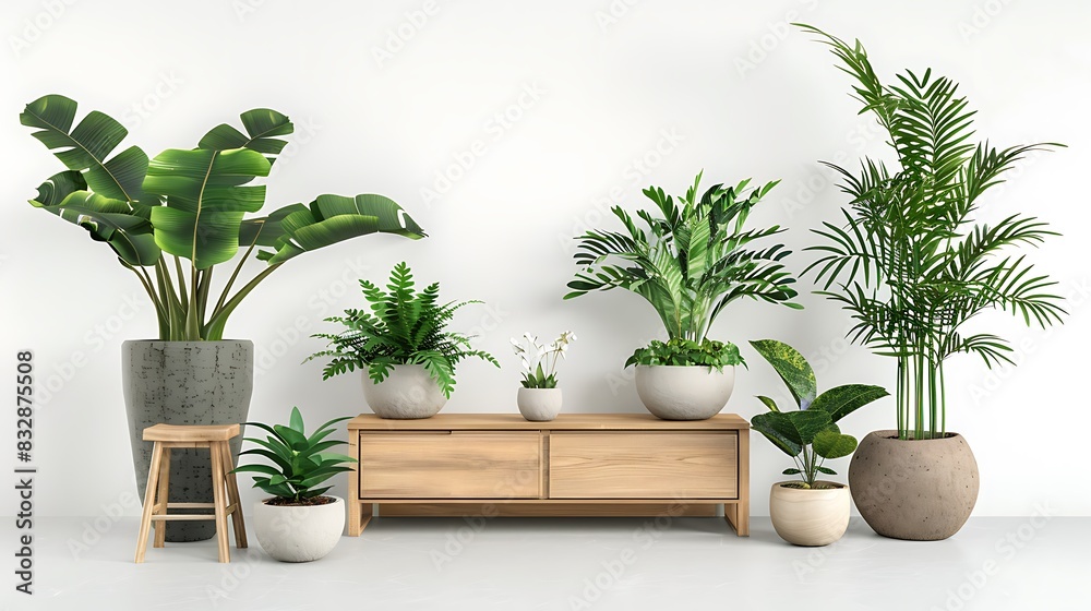 Set of interior plants on a white background, with a wooden sideboard and bench Set of interior plants on a white background, with a wooden sideboard and bench