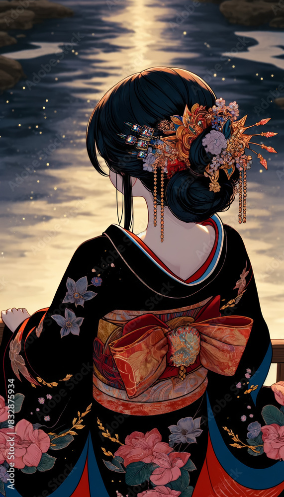 Fototapeta premium 日本画（Japanese painting）／美人画 美女 着物 anime イラスト