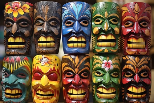 Hawaiian Colorful Wooden Masks. Hawaiian Mask. Hawaiian wooden handcrafted masks in a traditional Hawaiian market. Hawaiian culture Wooden Hawaiian masks. © John Martin