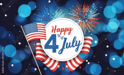 Celebrating Independence Day with fireworks and American flags, Happy July of 4th handwritten text  on round frame with dotted border, blue bokeh background  photo