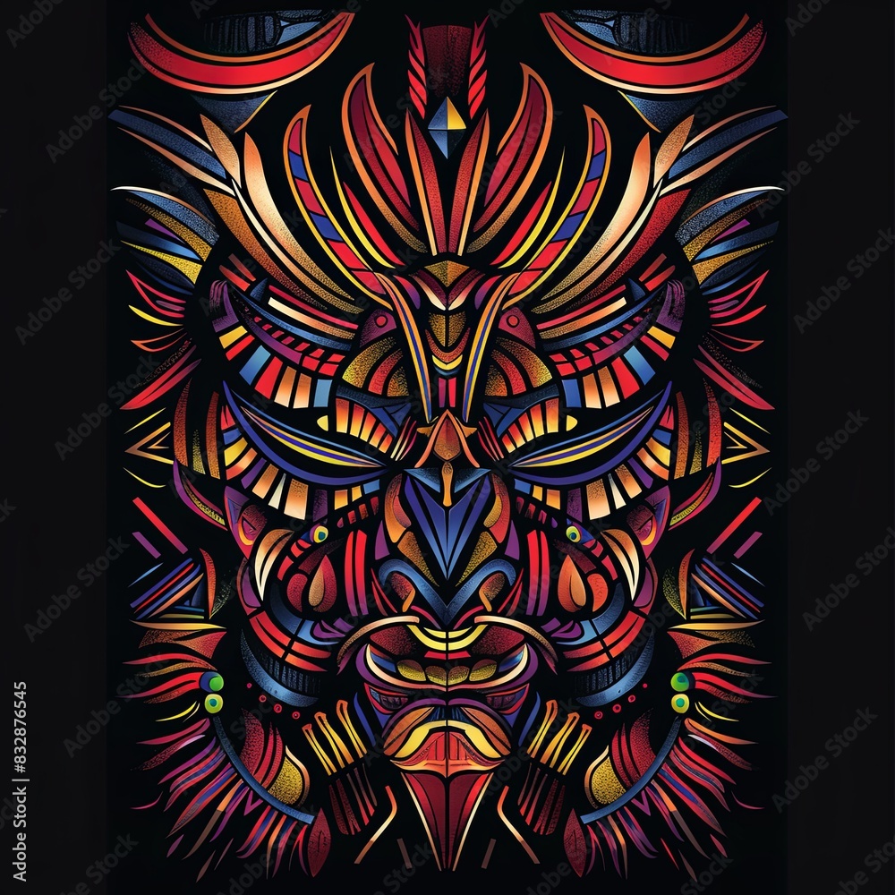 Vibrant Tribal Colorful Woodcarving Style on Black Background Vibrant Tribal Colorful Woodcarving Style on Black Background