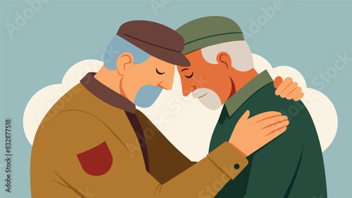 Two elderly veterans embrace their weathered faces united in prayer for their fallen comrades.. Vector illustration