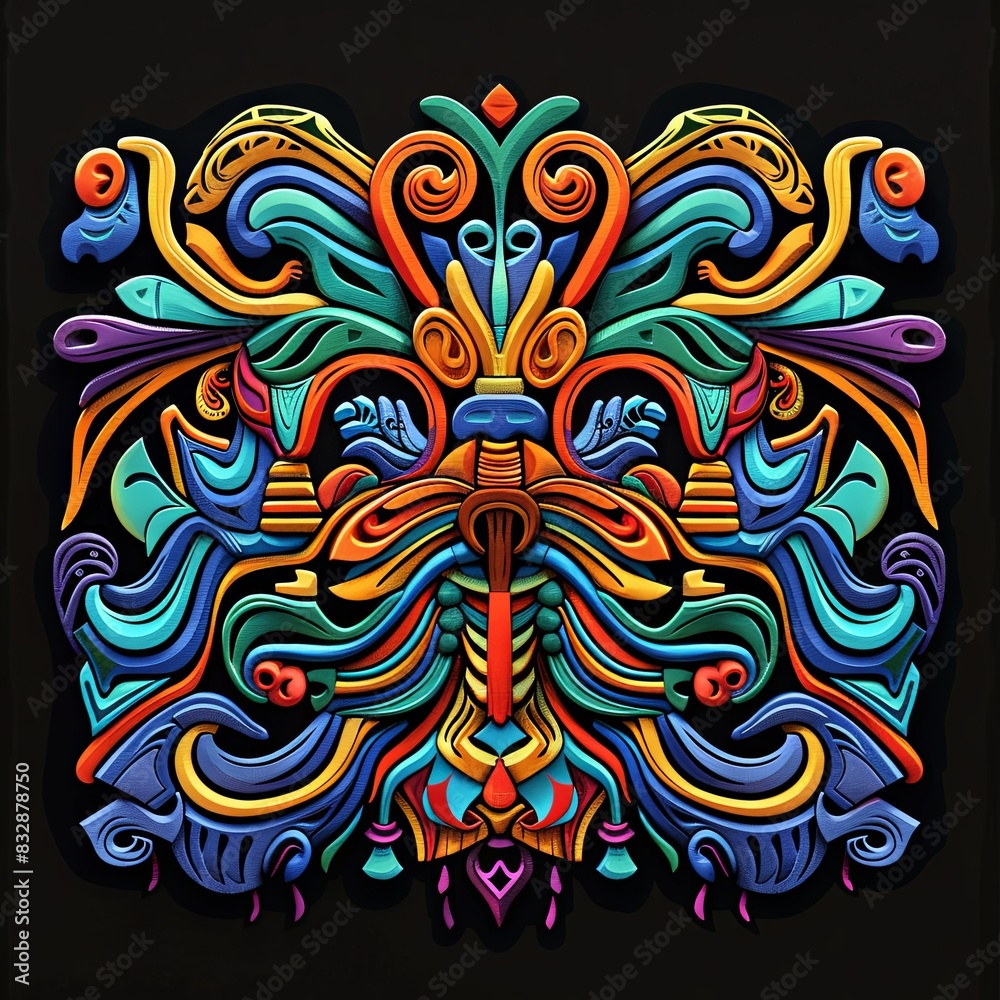 Vibrant Tribal Colorful Woodcarving Style on Black Background Vibrant Tribal Colorful Woodcarving Style on Black Background