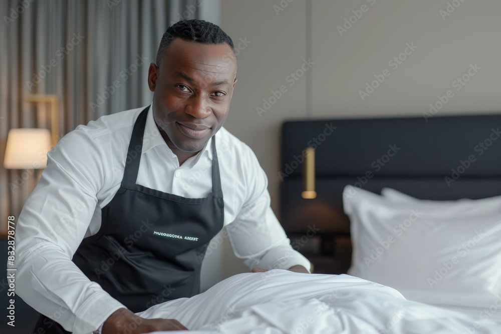 Housekeeper in stylish hotel room maintaining impeccable standards by neatly making the bed Housekeeper in stylish hotel room maintaining impeccable standards by neatly making the bed