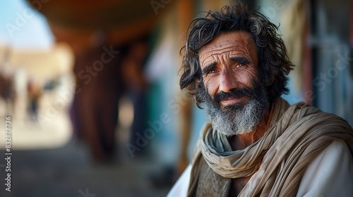 O Velho Cego Bartimeu depois da cura  feliz por est   enxergando  um homem de f   esperando por um milagre de Jesus  hist  ria do novo testamento 