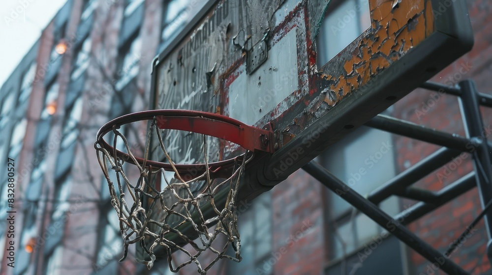 Abandoned basketball hoop in urban setting
