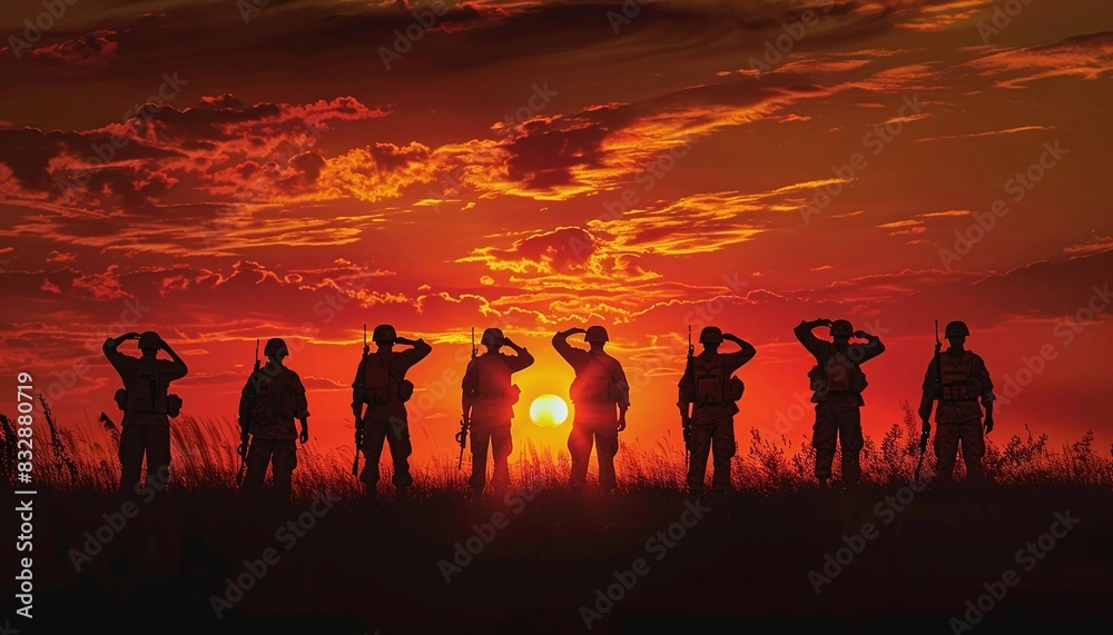 Fototapeta premium Design a poster with a silhouette of soldiers saluting at sunset