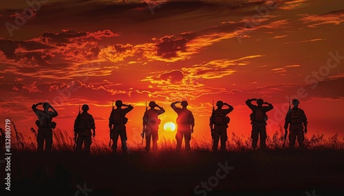 Design a poster with a silhouette of soldiers saluting at sunset