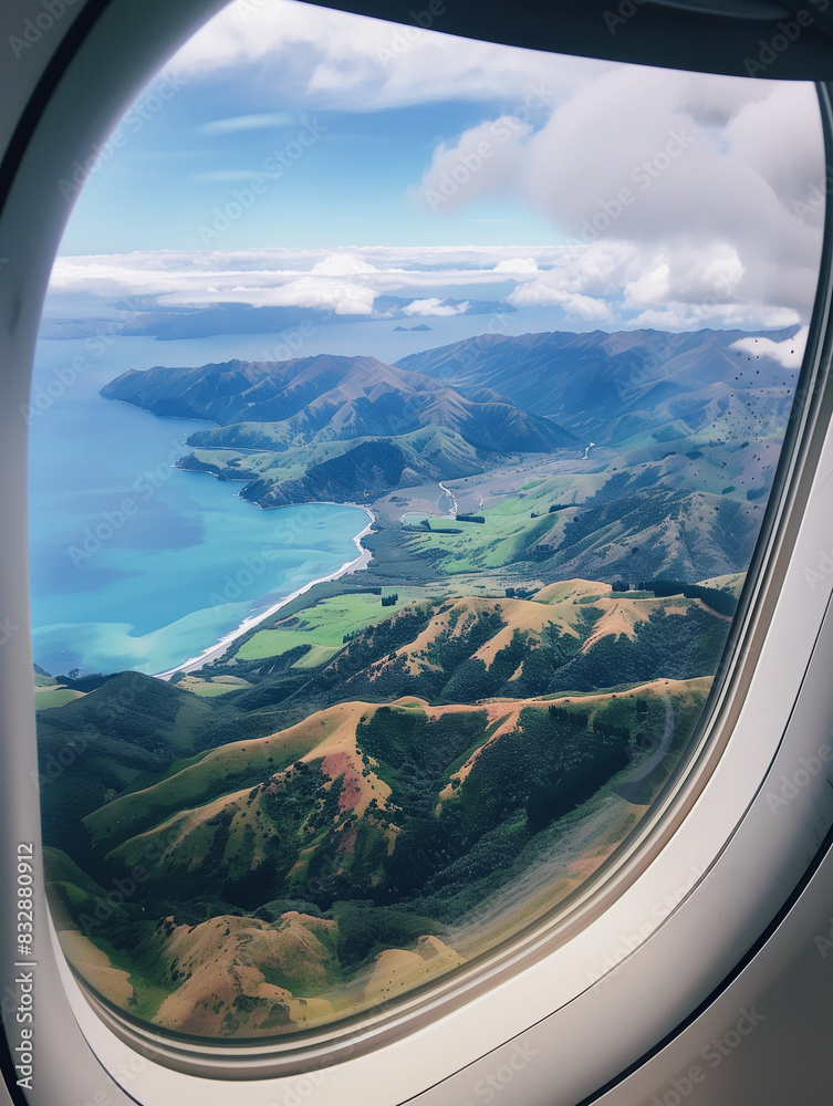 An aerial perspective of the vast ocean and rugged coastline, as seen from the window of an airplane. An aerial perspective of the vast ocean and rugged coastline, as seen from the window of an airplane.