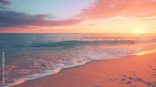 Serene Beach Sunset with Gentle Waves and Pastel Colors Reflecting on the Calm Ocean