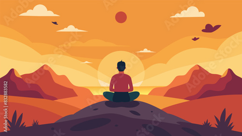 A lone figure sitting atop a hill eyes closed in deep meditation as the warm rays of the sunset bathe the surrounding landscape.. Vector illustration