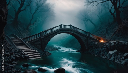 An ethereal scene of a stone bridge arching over a foggy river in a hauntingly serene forest, illuminated by a faint light.. AI Generation photo