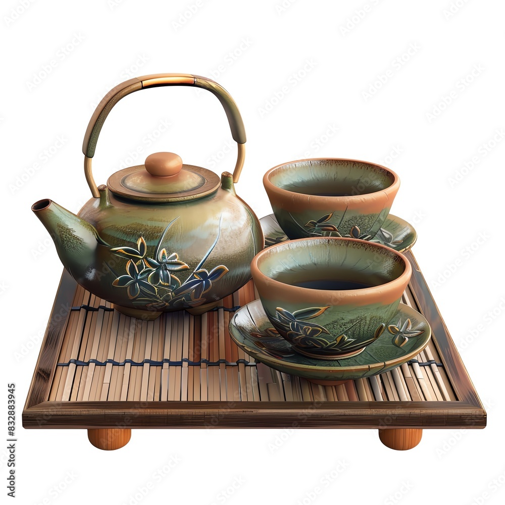 Japanese Tea Set with teapot and cups, isolated white background, without shadow, single object, detailed, PNG dicut style, model object
