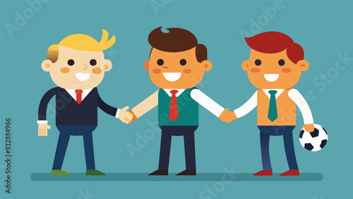 The game ends in a tie but the players are all smiles and laughter as they shake hands with their adversaries.. Vector illustration