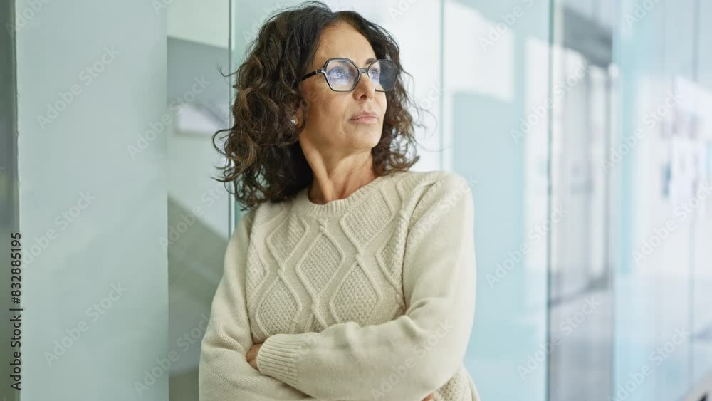 A mature hispanic woman with crossed arms wears glasses in a brightly lit office setting, exuding confidence and experience. A mature hispanic woman with crossed arms wears glasses in a brightly lit office setting, exuding confidence and experience.