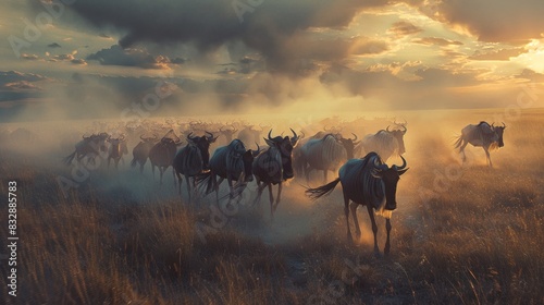 imagine prompt A herd of wildebeest migrating across the savannah, the dust rising in their wake photo