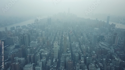 City skyline covered by smog  pollution and environmental concept  healthy risk  blurred banner