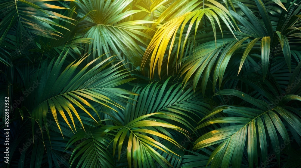 tropical growth, a blend of palm branches in different green hues, evoking growth and vitality, forming an abstract composition