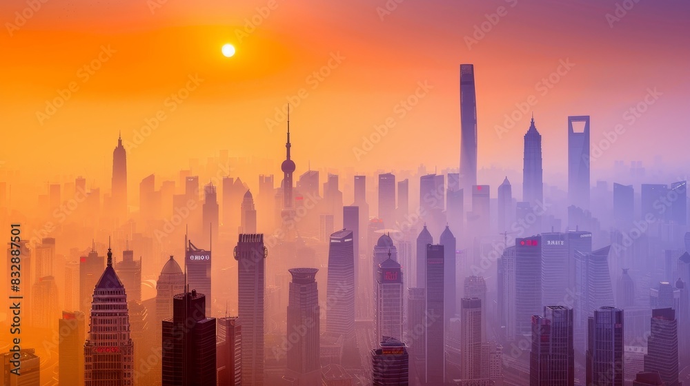 City skyline covered by smog background, pollution and environmental concept, healthy risk, banner