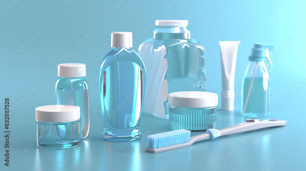 A 3D render of a set of dental care products including floss, toothpaste, and mouthwash A 3D render of a set of dental care products including floss, toothpaste, and mouthwash