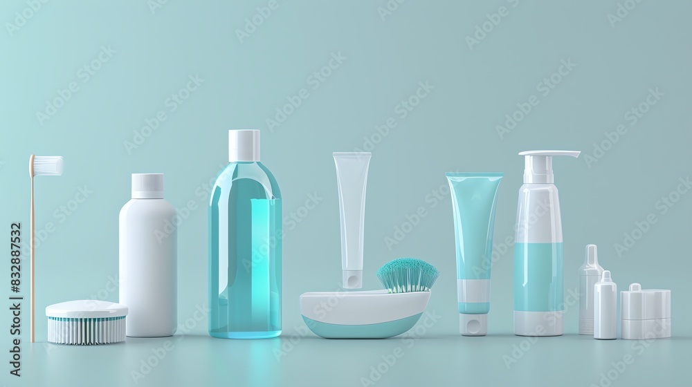 A 3D render of a set of dental care products including floss, toothpaste, and mouthwash A 3D render of a set of dental care products including floss, toothpaste, and mouthwash
