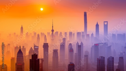 City skyline covered by smog background  pollution and environmental concept  healthy risk  banner