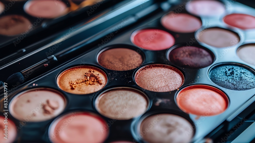 A compact yet stylish makeup palette with various shades, shown in an open state A compact yet stylish makeup palette with various shades, shown in an open state