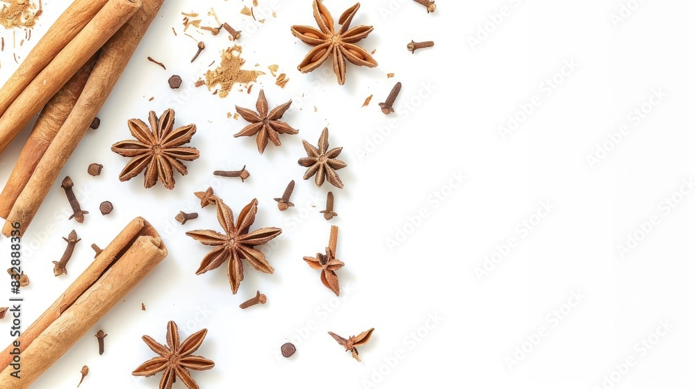 Isolated white background with cinnamon sticks and anise stars Isolated white background with cinnamon sticks and anise stars
