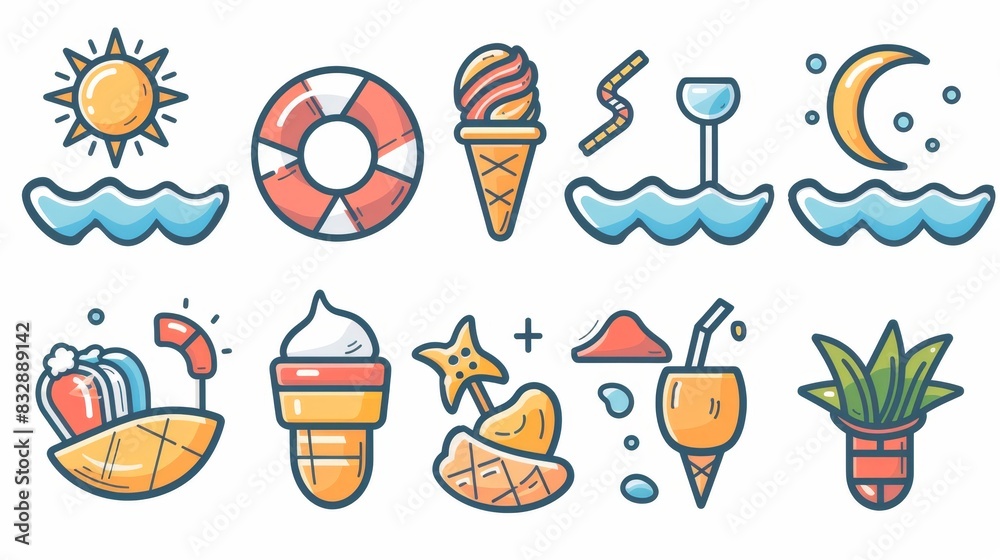 Set of icons depicting summer vacations. Icons depicting waves, sun, ice cream and summer mood