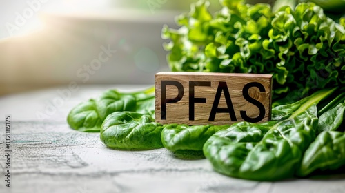 Inscription PFAS close up on green salad, chemical environmental pollution concept, health risk, banner, empty space photo