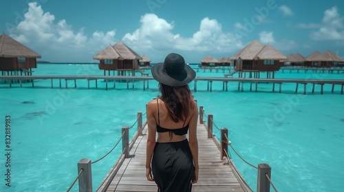 Uma mulher nas ilhas maldivas aproveitando as férias em viagem de turismo