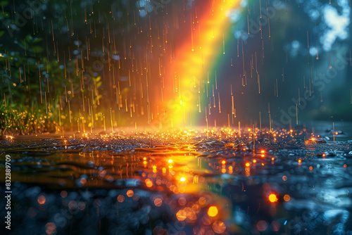 A colorful rainbow appearing as the rain begins to clear. Concept of hope and beauty after the storm. Generative Ai.