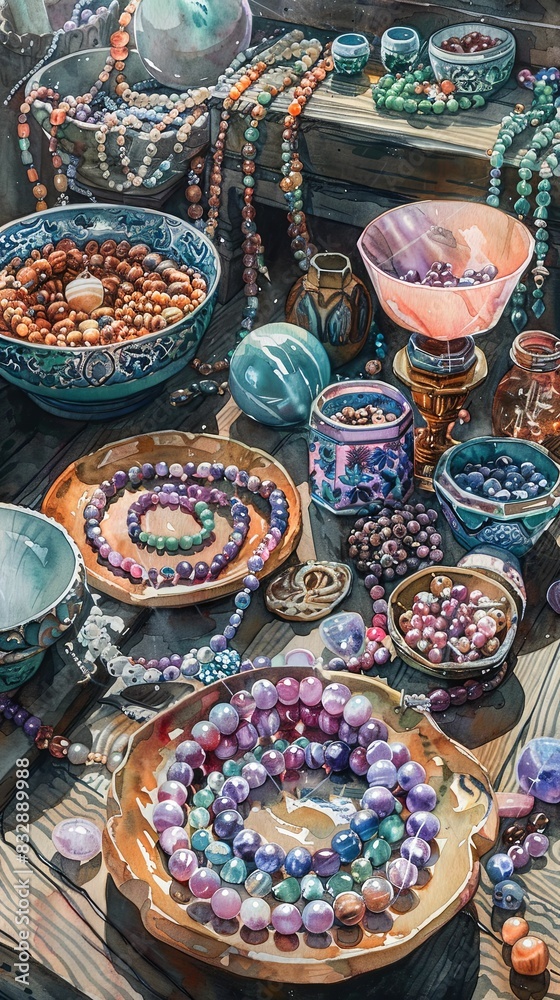 Fototapeta premium Intricate arrangement of colorful beaded jewelry, including necklaces and bracelets, displayed in decorative bowls and plates, showcasing artistic craftsmanship.