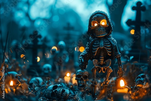 A skeleton in a graveyard with candles and skulls © Sandu