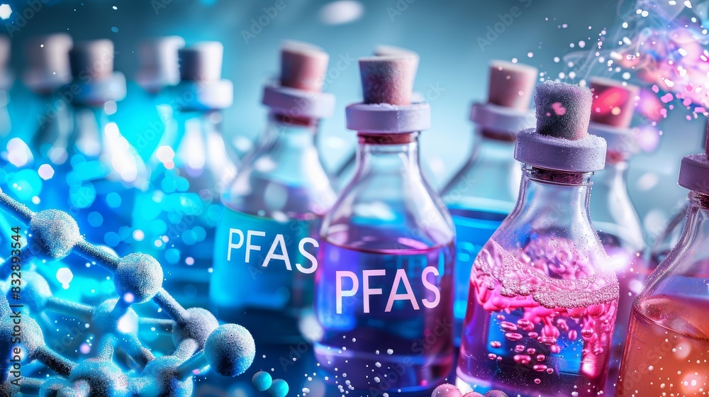 Warning sign PFAS, concept of the harmful effects of chemicals on living organisms and health risk, banner Warning sign PFAS, concept of the harmful effects of chemicals on living organisms and health risk, banner