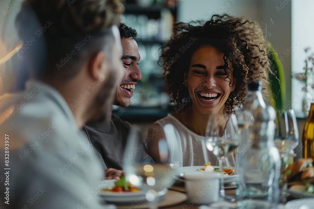 A group of friends sharing a humorous moment while enjoying a meal and drinks together A group of friends sharing a humorous moment while enjoying a meal and drinks together