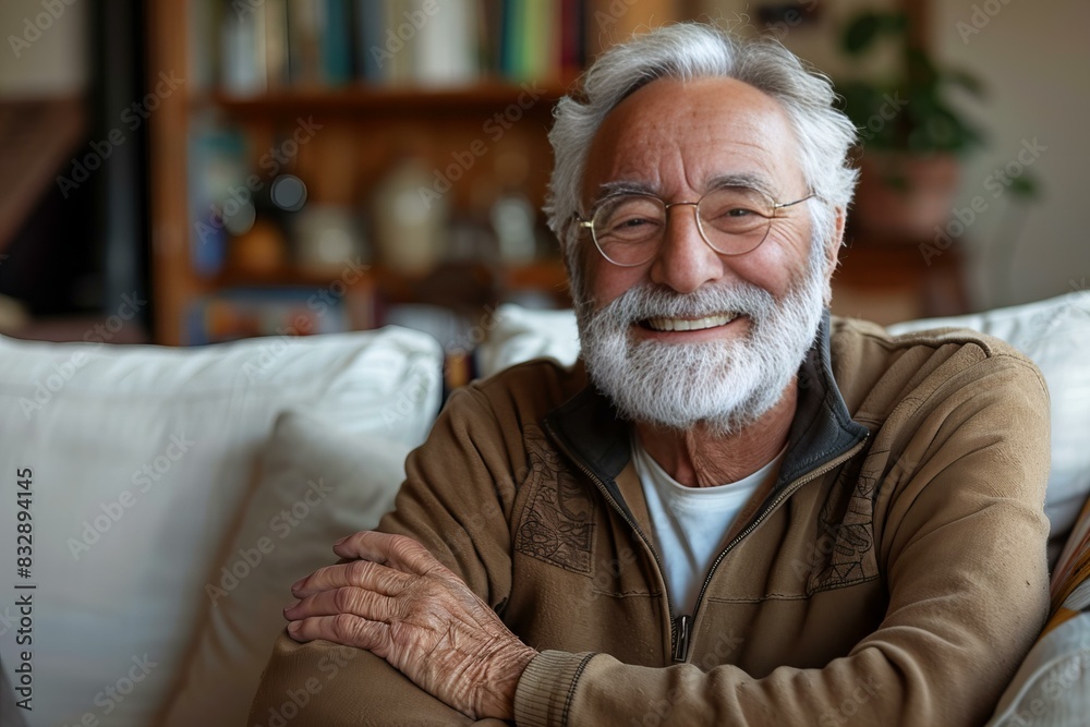 Smiling elderly man wearing glasses sitting on couch Smiling elderly man wearing glasses sitting on couch