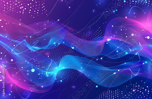 Vector background with a blue and purple gradient of dots, lines, and waves for digital technology design in the style of various artists