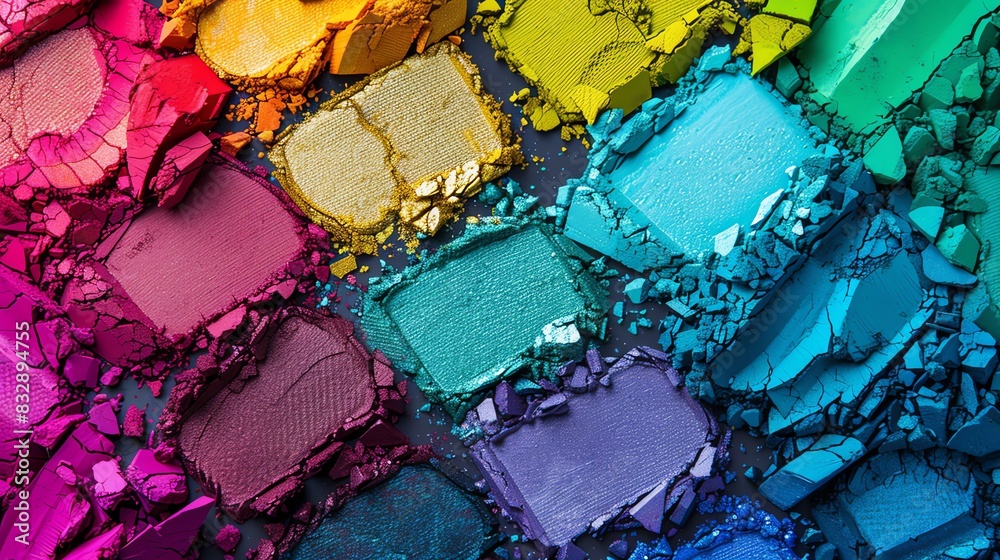 A vibrant eyeshadow palette with various bold colors A vibrant eyeshadow palette with various bold colors