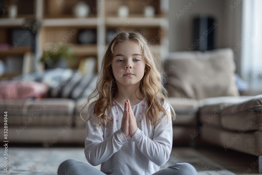 A girl in a white top with hands in prayer, displays introspection and quietude in a modern and comfortable room A girl in a white top with hands in prayer, displays introspection and quietude in a modern and comfortable room