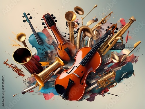 abstract collage using vibrant cutout images of musical instruments