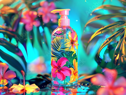 A vibrant, tropicalthemed hand sanitizer bottle photo