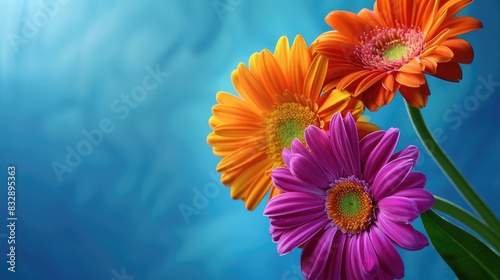 Birthday greeting card featuring orange and fuchsia gerbera daisies on a blue backdrop