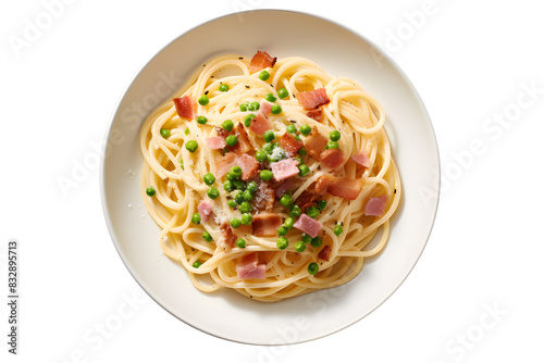Classic Italian Carbonara Pasta Dish with Pancetta, Egg, Parmesan Cheese and Cream Sauce isolated on transparent background