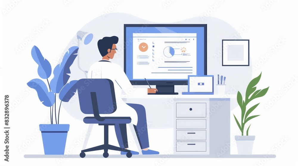 Doctor Reviewing Medical Records Online: Capture a doctor reviewing a patient's medical records on a digital platform during an online consultation. Doctor Reviewing Medical Records Online: Capture a doctor reviewing a patient's medical records on a digital platform during an online consultation.