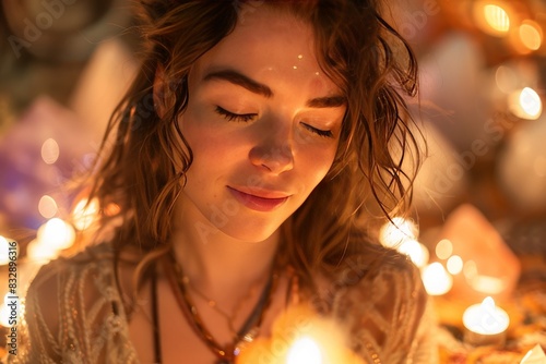 A softly illuminated portrait of a young woman amongst twinkling candles