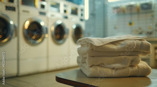 Coin operated washing machine businessA stack of freshly folded towels on a table in front of coin-operated washers. photo