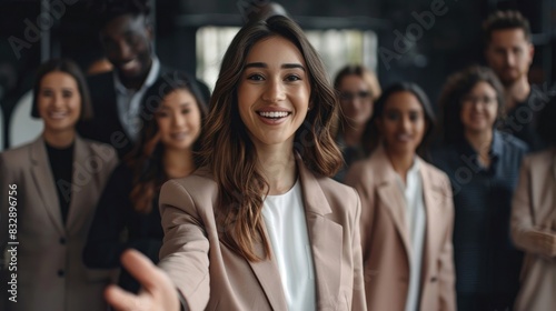 Portrait of a friendly young woman boss standing in a group of multiracial business people smiling and greeting together photo